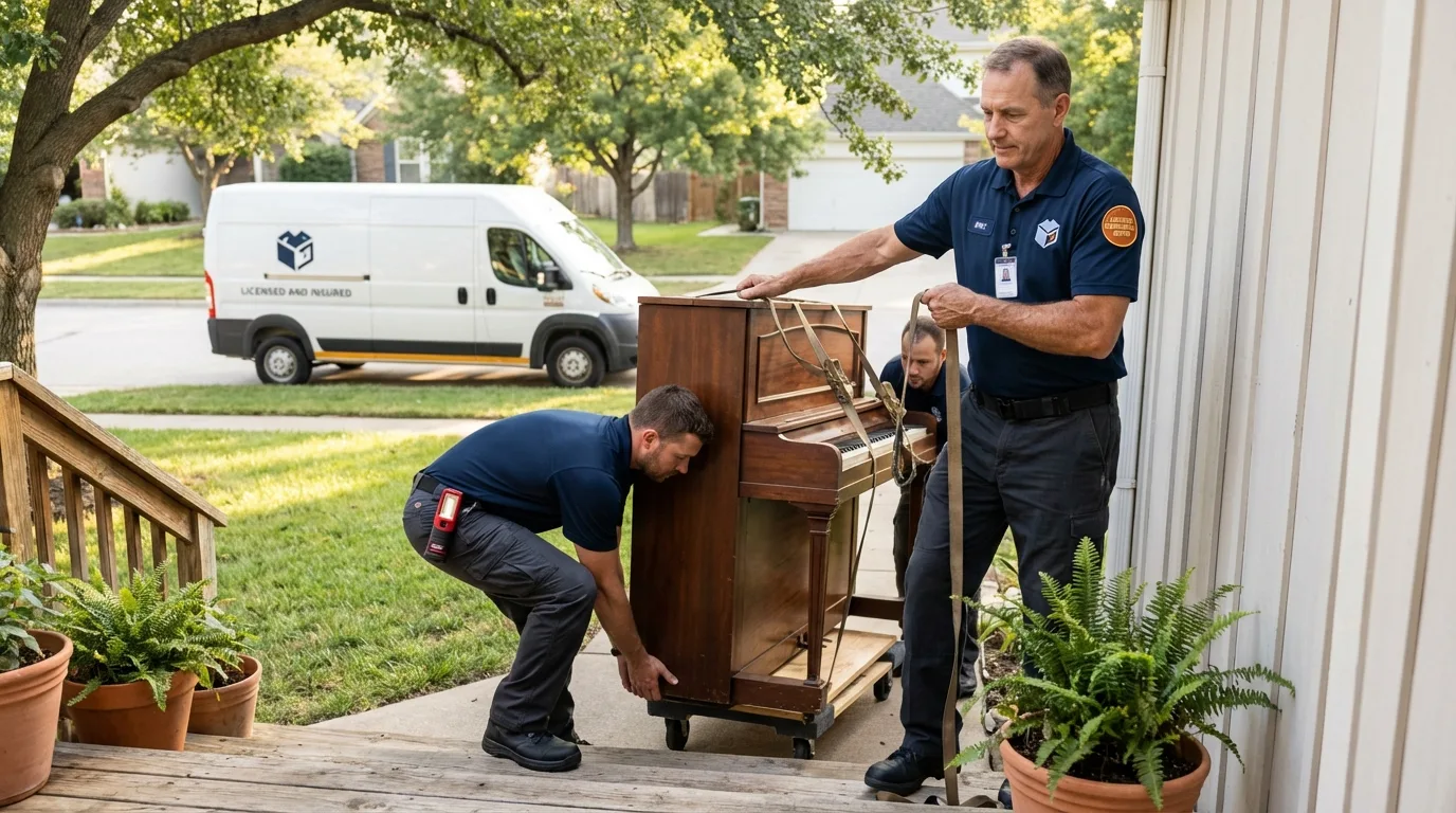 Licensed piano movers securing grand piano in Boxford, MA
