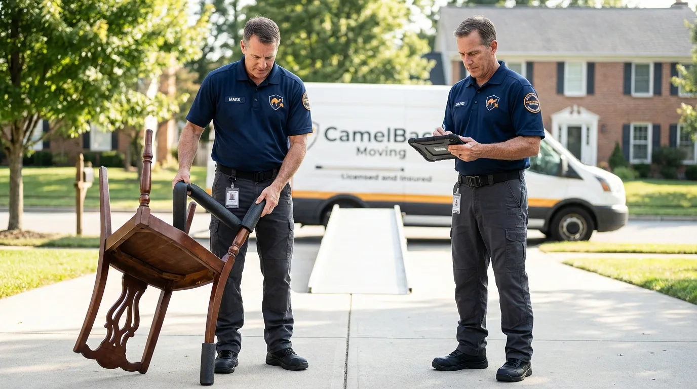 Movers inspecting furniture for damage prevention before loading in Boxford, MA