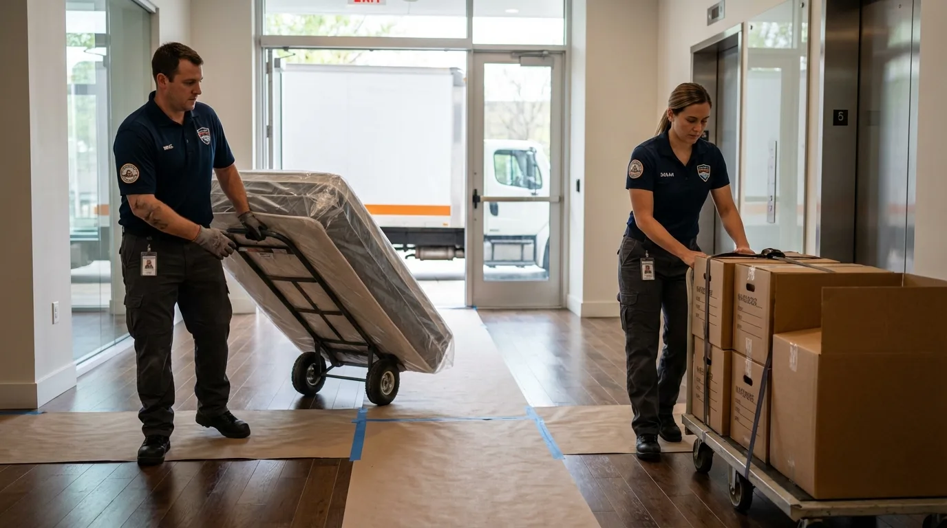 Professional apartment movers loading elevator in Boxford, MA